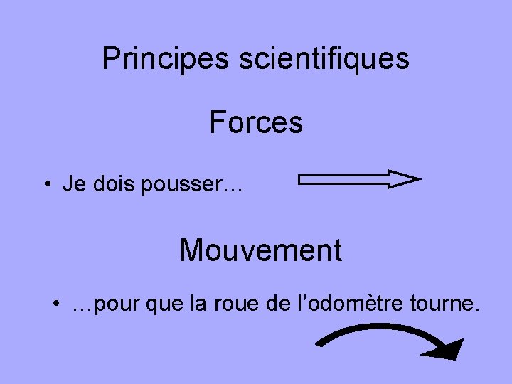 Principes scientifiques Forces • Je dois pousser… Mouvement • …pour que la roue de