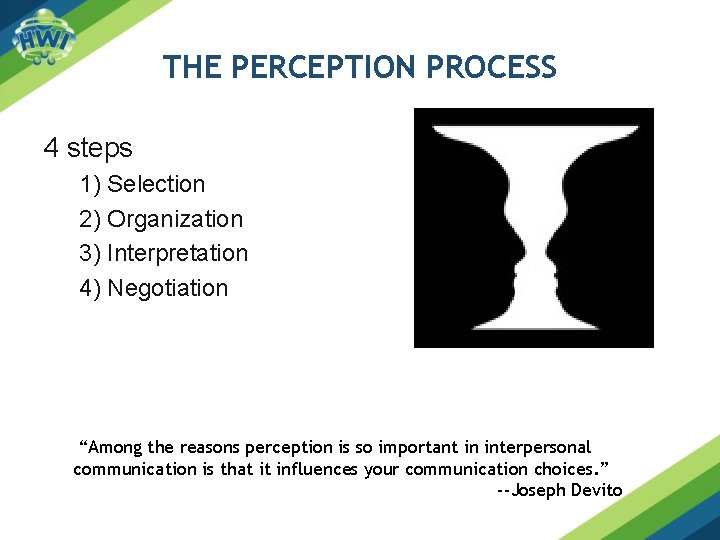 THE PERCEPTION PROCESS 4 steps 1) Selection 2) Organization 3) Interpretation 4) Negotiation “Among THE PERCEPTION PROCESS 4 steps 1) Selection 2) Organization 3) Interpretation 4) Negotiation “Among
