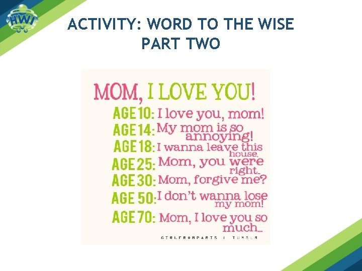 ACTIVITY: WORD TO THE WISE PART TWO ACTIVITY: WORD TO THE WISE PART TWO