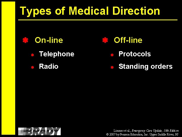 Types of Medical Direction On-line Off-line Telephone Protocols Radio Standing orders Limmer et al.