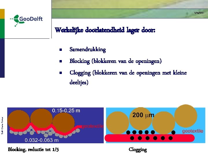 2/26/2021 Werkelijke doorlatendheid lager door: n n Delft Cluster Partner n Samendrukking Blocking (blokkeren