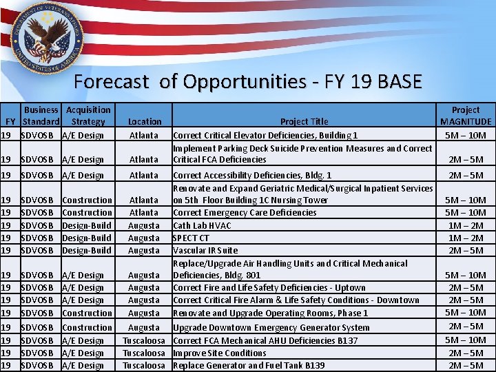 Forecast of Opportunities - FY 19 BASE Business Acquisition FY Standard Strategy 19 SDVOSB