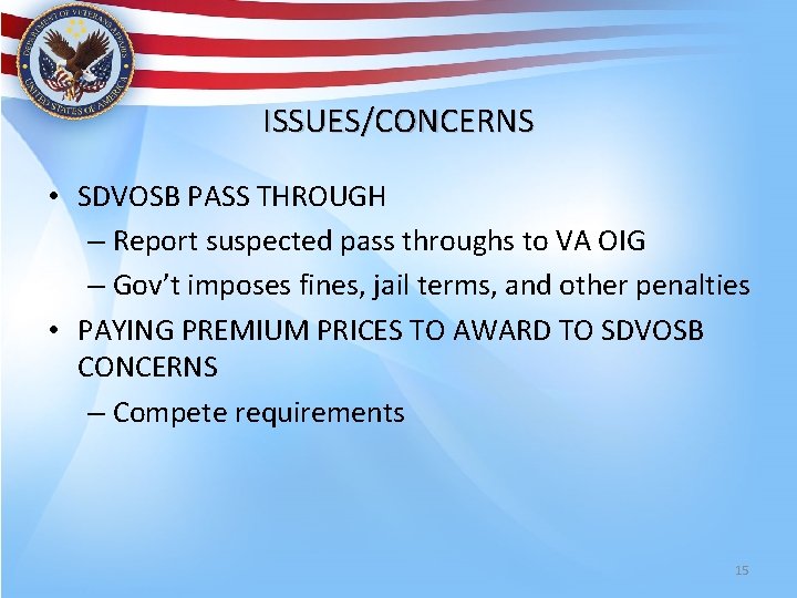 ISSUES/CONCERNS • SDVOSB PASS THROUGH – Report suspected pass throughs to VA OIG –