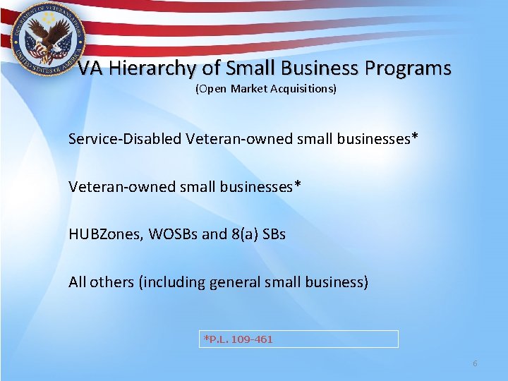 VA Hierarchy of Small Business Programs (Open Market Acquisitions) Service-Disabled Veteran-owned small businesses* HUBZones,
