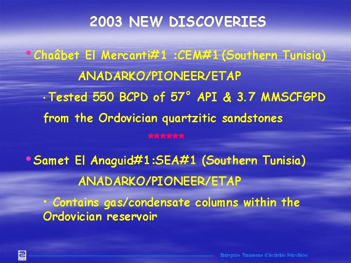 2003 NEW DISCOVERIES • Chaâbet El Mercanti#1 : CEM#1 (Southern Tunisia) ANADARKO/PIONEER/ETAP • Tested
