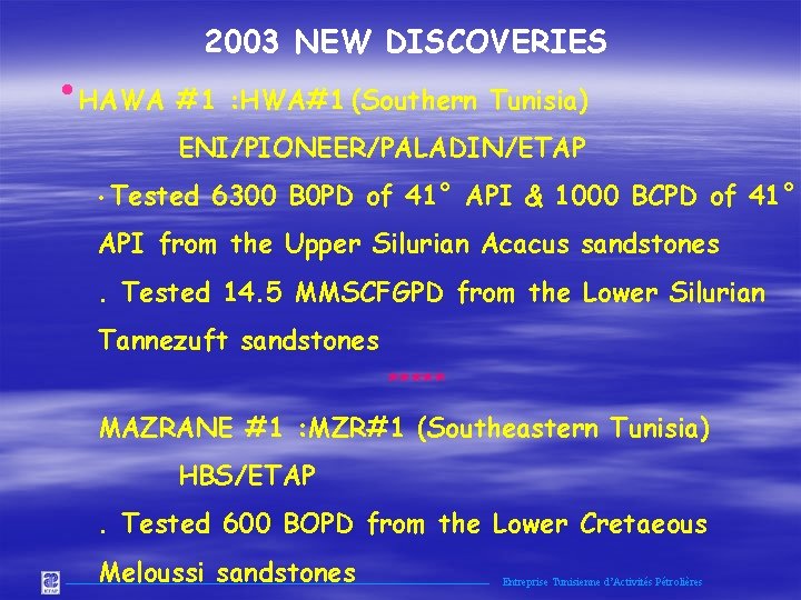 2003 NEW DISCOVERIES • HAWA #1 : HWA#1 (Southern Tunisia) ENI/PIONEER/PALADIN/ETAP • Tested 6300