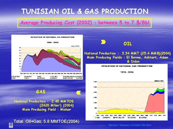 TUNISIAN OIL & GAS PRODUCTION Average Producing Cost (2002) : between 5 to 7