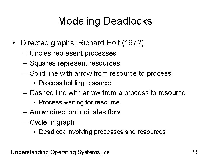 Modeling Deadlocks • Directed graphs: Richard Holt (1972) – Circles represent processes – Squares