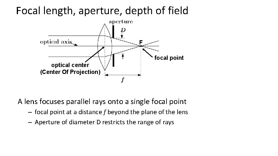 Focal length, aperture, depth of field F focal point optical center (Center Of Projection) Focal length, aperture, depth of field F focal point optical center (Center Of Projection)