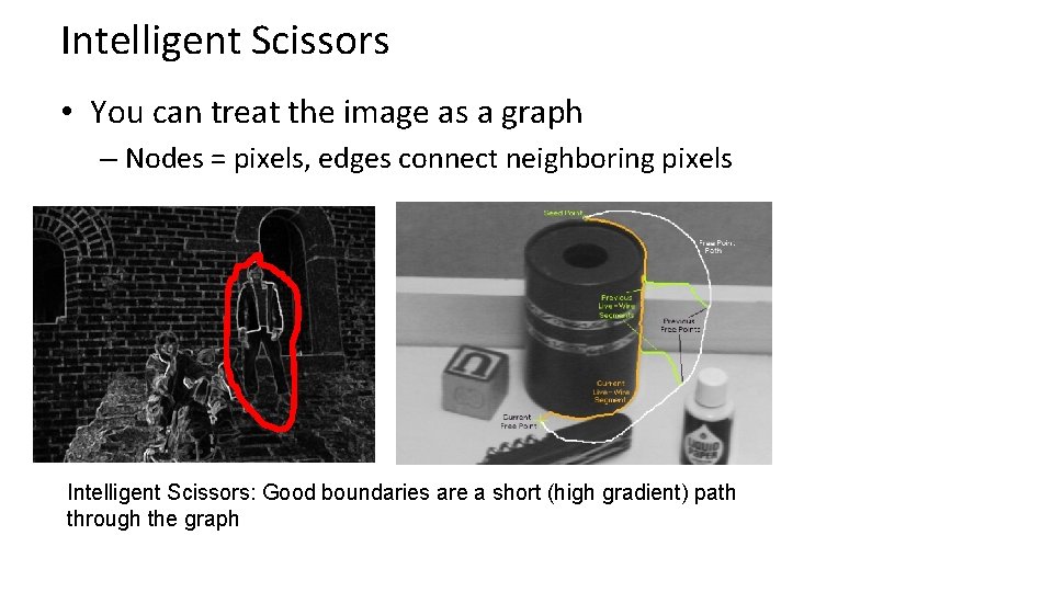Intelligent Scissors • You can treat the image as a graph – Nodes = Intelligent Scissors • You can treat the image as a graph – Nodes =