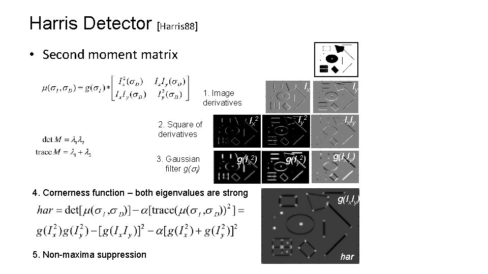 Harris Detector [Harris 88] • Second moment matrix Ix Iy Ix 2 Iy 2