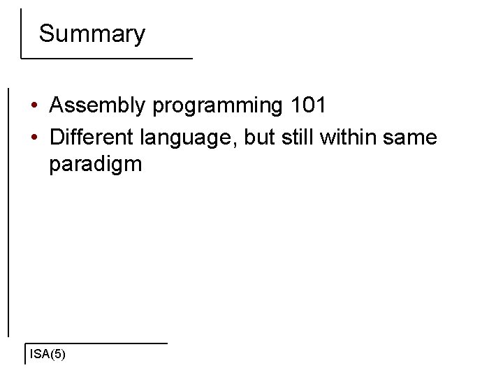 Summary • Assembly programming 101 • Different language, but still within same paradigm ISA(5)