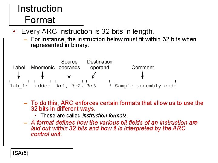 Instruction Format • Every ARC instruction is 32 bits in length. – For instance,