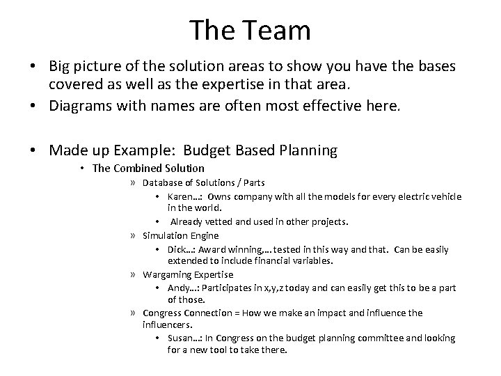 The Team • Big picture of the solution areas to show you have the
