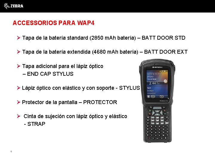 ACCESSORIOS PARA WAP 4 Ø Tapa de la batería standard (2850 m. Ah batería)