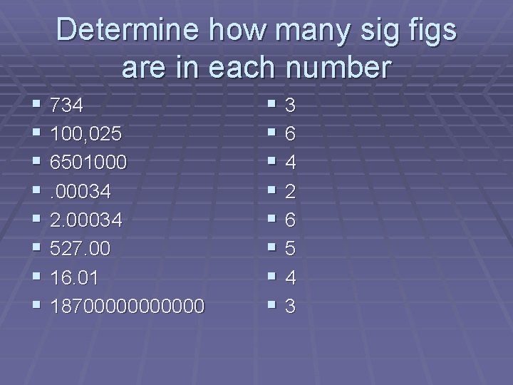 Determine how many sig figs are in each number § § § § 734