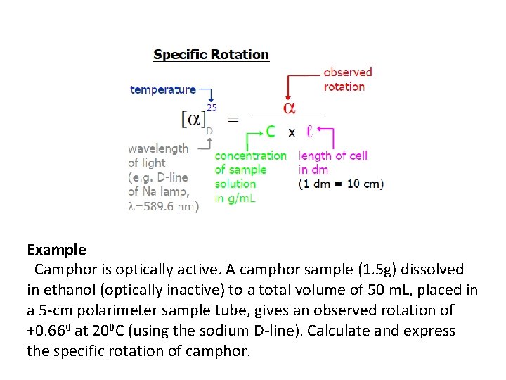 Example Camphor is optically active. A camphor sample (1. 5 g) dissolved in ethanol