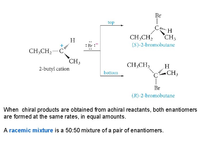 When chiral products are obtained from achiral reactants, both enantiomers are formed at the