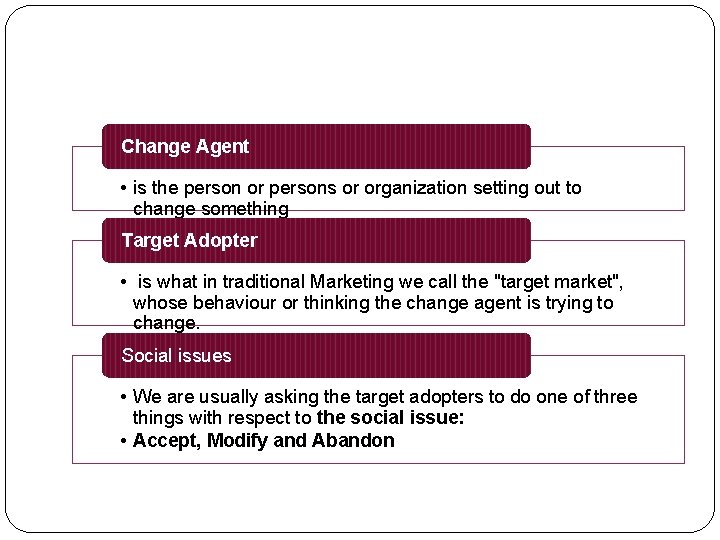 Change Agent • is the person or persons or organization setting out to change