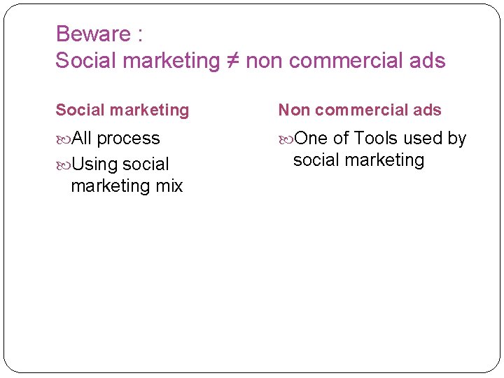 Beware : Social marketing ≠ non commercial ads Social marketing Non commercial ads All