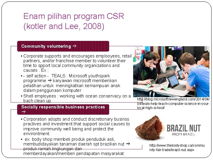 Enam pilihan program CSR (kotler and Lee, 2008) Community voluntering • Corporate supports and