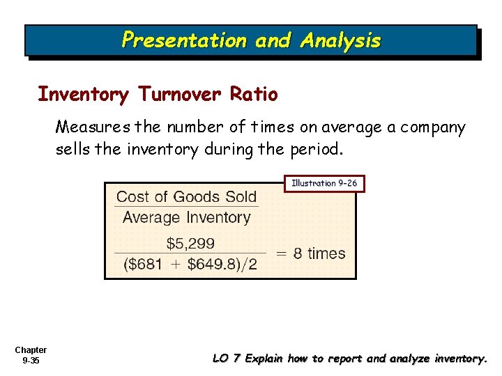 Presentation and Analysis Inventory Turnover Ratio Measures the number of times on average a Presentation and Analysis Inventory Turnover Ratio Measures the number of times on average a