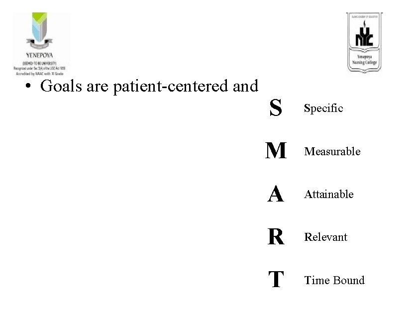  • Goals are patient-centered and S Specific M Measurable A Attainable R Relevant