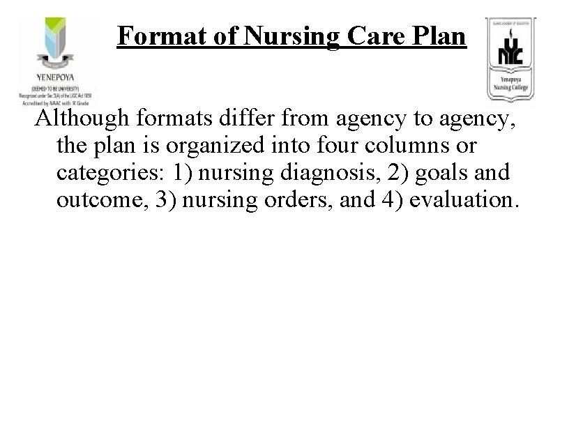 Format of Nursing Care Plan Although formats differ from agency to agency, the plan