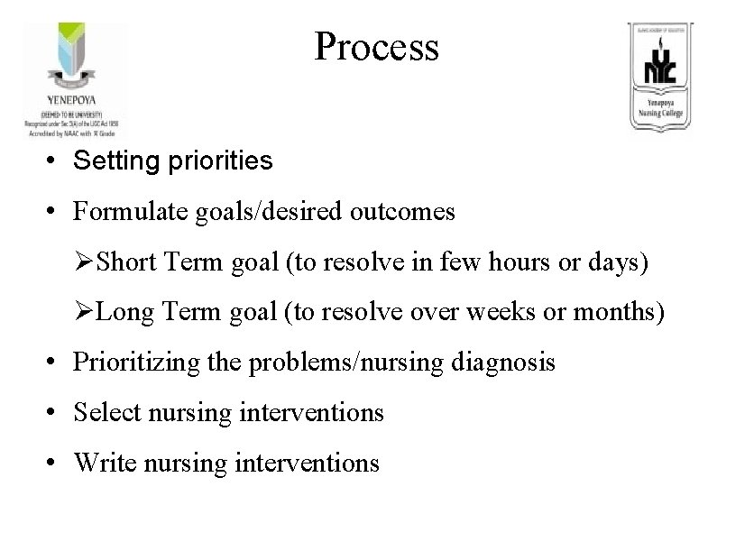 Process • Setting priorities • Formulate goals/desired outcomes ØShort Term goal (to resolve in