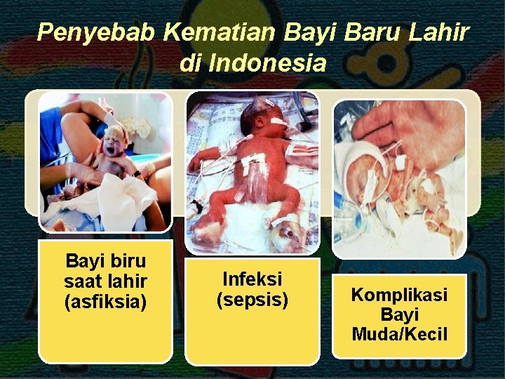 Penyebab Kematian Bayi Baru Lahir di Indonesia Bayi biru saat lahir (asfiksia) Infeksi (sepsis)