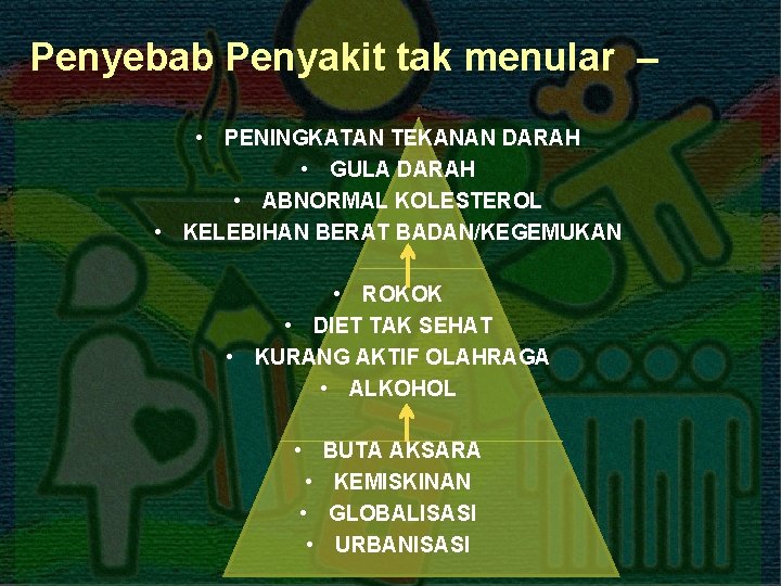 Penyebab Penyakit tak menular – • PENINGKATAN TEKANAN DARAH • GULA DARAH • ABNORMAL