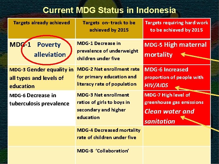 Current MDG Status in Indonesia Targets already achieved MDG-1 Poverty alleviation Targets on- track