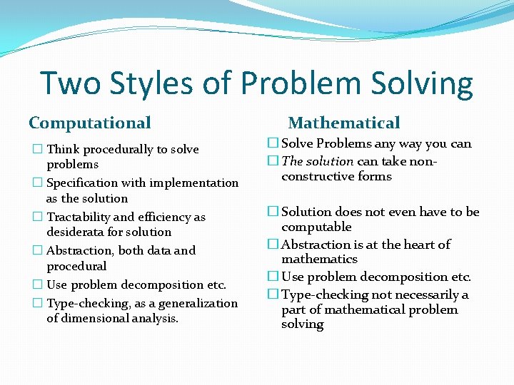 Two Styles of Problem Solving Computational � Think procedurally to solve problems � Specification Two Styles of Problem Solving Computational � Think procedurally to solve problems � Specification