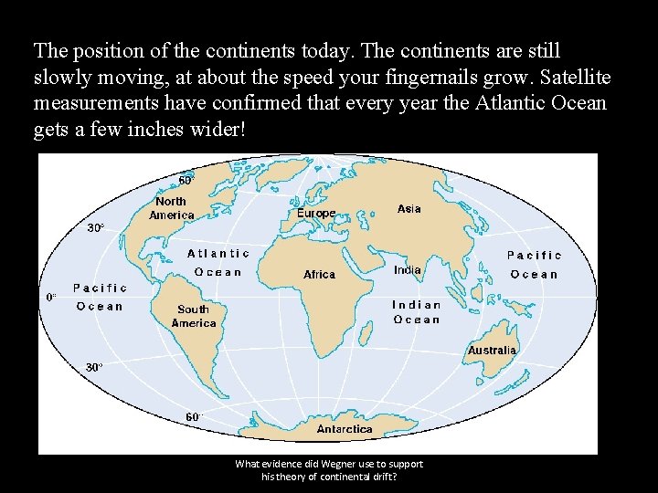 The position of the continents today. The continents are still slowly moving, at about
