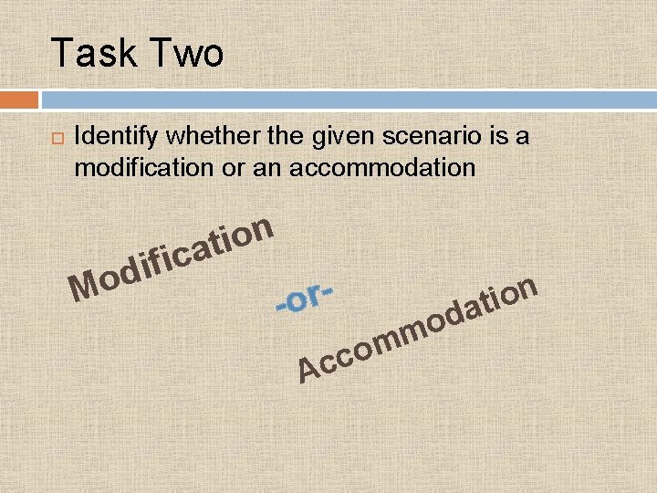 Task Two Identify whether the given scenario is a modification or an accommodation f