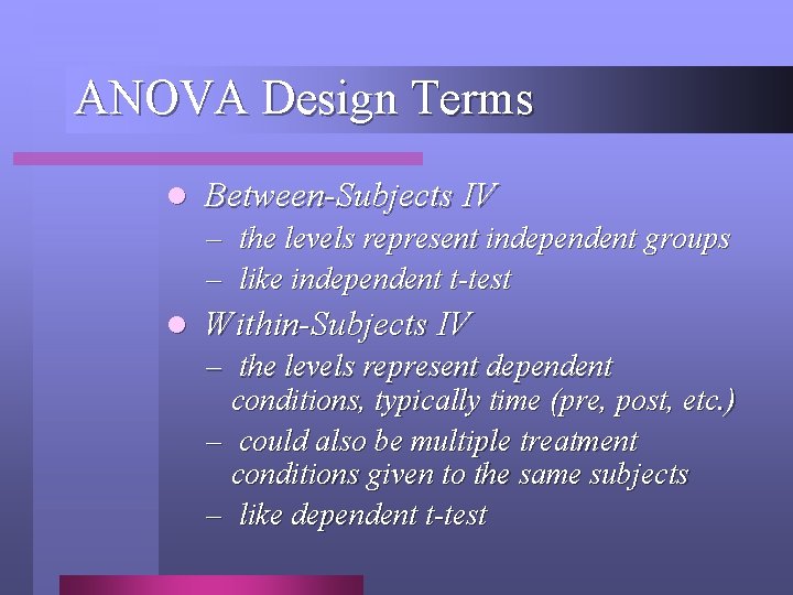 ANOVA Design Terms l Between-Subjects IV – the levels represent independent groups – like ANOVA Design Terms l Between-Subjects IV – the levels represent independent groups – like