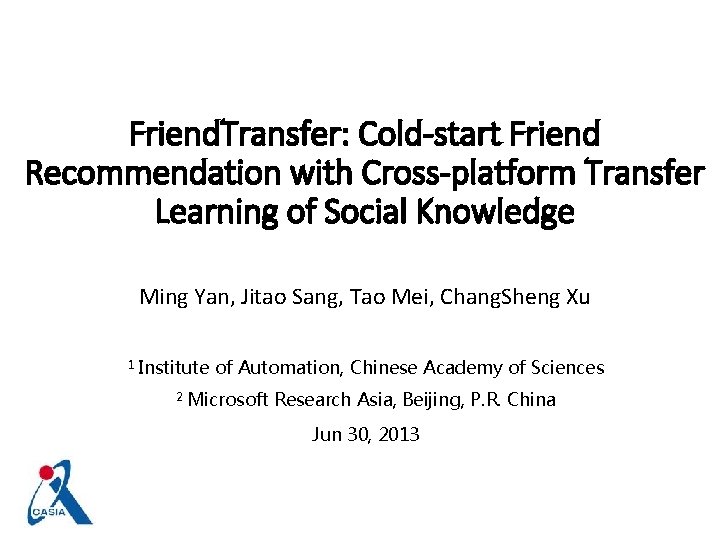 Friend. Transfer: Cold-start Friend Recommendation with Cross-platform Transfer Learning of Social Knowledge Ming Yan,