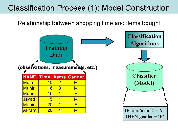 Classification Process (1): Model Construction Relationship between shopping time and items bought Training Data