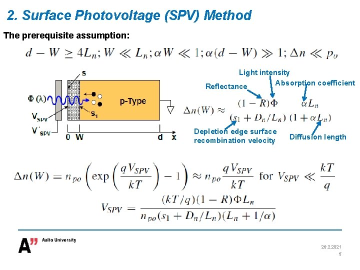 2. Surface Photovoltage (SPV) Method The prerequisite assumption: Light intensity Absorption coefficient Reflectance Depletion
