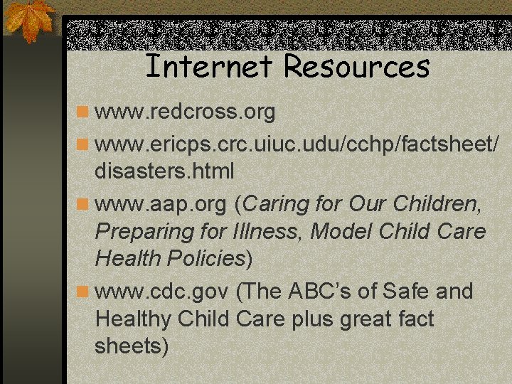 Internet Resources n www. redcross. org n www. ericps. crc. uiuc. udu/cchp/factsheet/ disasters. html Internet Resources n www. redcross. org n www. ericps. crc. uiuc. udu/cchp/factsheet/ disasters. html