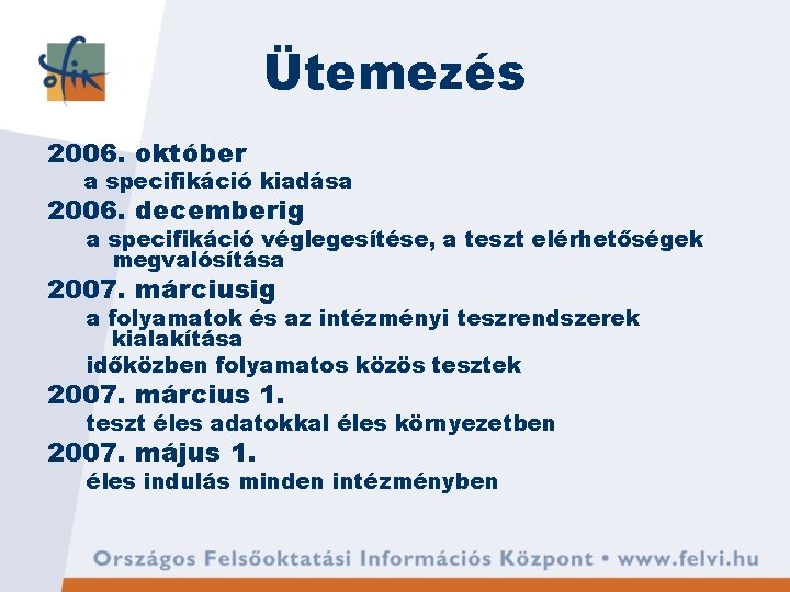 Ütemezés 2006. október a specifikáció kiadása 2006. decemberig a specifikáció véglegesítése, a teszt elérhetőségek