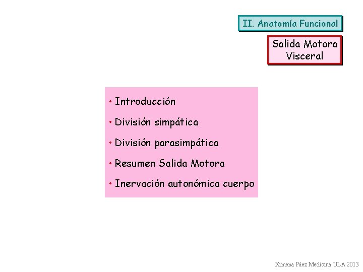 II. Anatomía Funcional Salida Motora Visceral • Introducción • División simpática • División parasimpática II. Anatomía Funcional Salida Motora Visceral • Introducción • División simpática • División parasimpática
