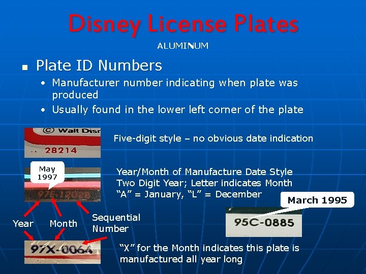 Disney License Plates ALUMINUM n Plate ID Numbers • Manufacturer number indicating when plate