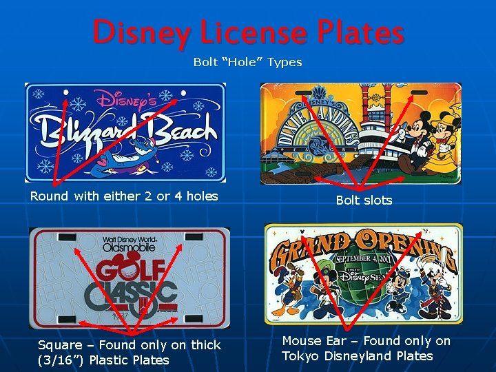 Disney License Plates Bolt “Hole” Types Round with either 2 or 4 holes Square