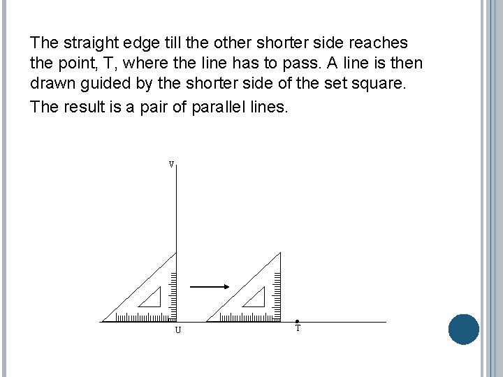 The straight edge till the other shorter side reaches the point, T, where the