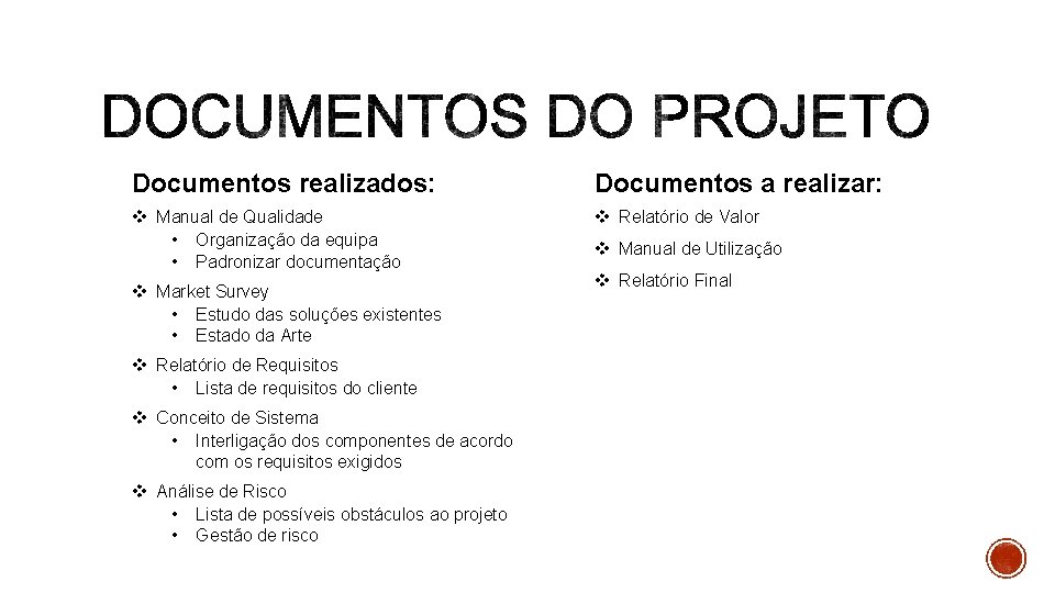 Documentos realizados: Documentos a realizar: v Manual de Qualidade • Organização da equipa • Documentos realizados: Documentos a realizar: v Manual de Qualidade • Organização da equipa •