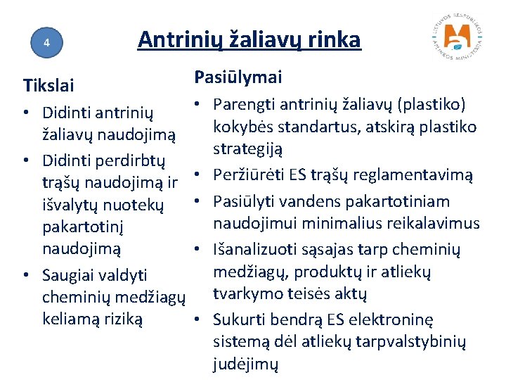 Antrinių žaliavų rinka Tikslai • Didinti antrinių žaliavų naudojimą • Didinti perdirbtų trąšų naudojimą