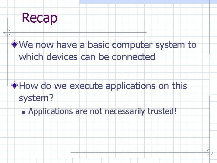 Recap We now have a basic computer system to which devices can be connected