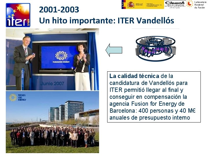 2001 -2003 Un hito importante: ITER Vandellós Junio 2007 Laboratorio Nacional de Fusión La