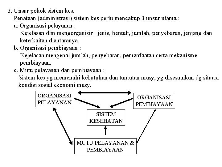 3. Unsur pokok sistem kes. Penataan (administrasi) sistem kes perlu mencakup 3 unsur utama 3. Unsur pokok sistem kes. Penataan (administrasi) sistem kes perlu mencakup 3 unsur utama